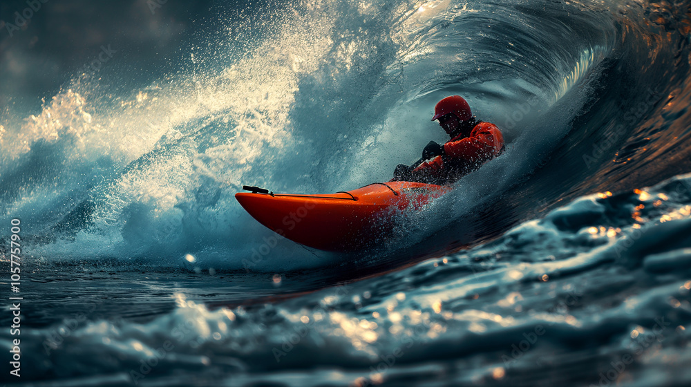 Fototapeta premium A kayaker skillfully navigates a powerful wave in the ocean at sunset. Generative AI