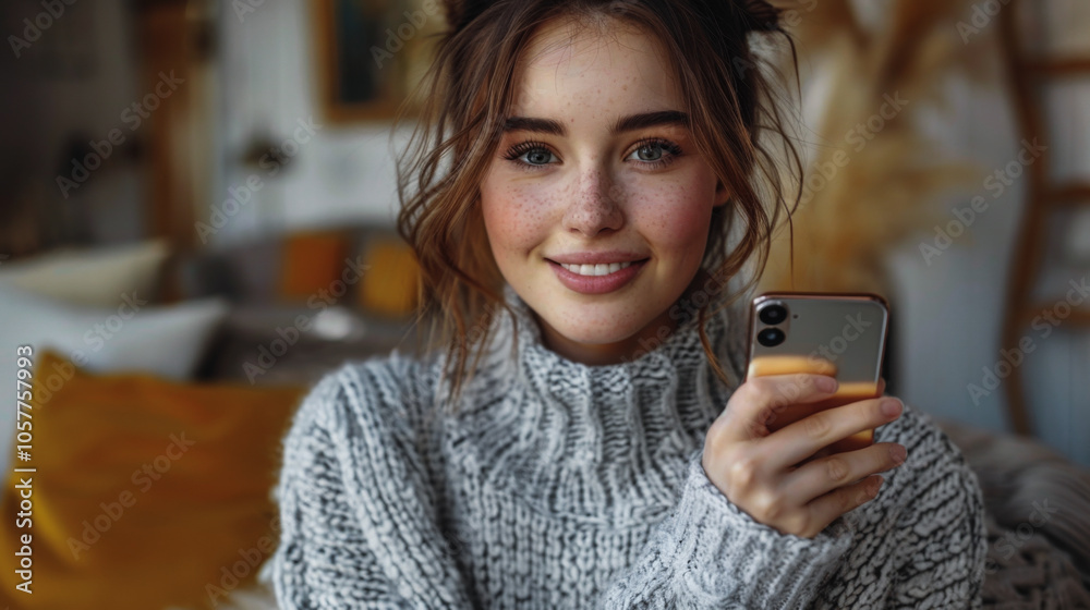 Close up young woman she wear grey knitted sweater shirt casual clothes doing Close up young woman she wear grey knitted sweater shirt casual clothes doing