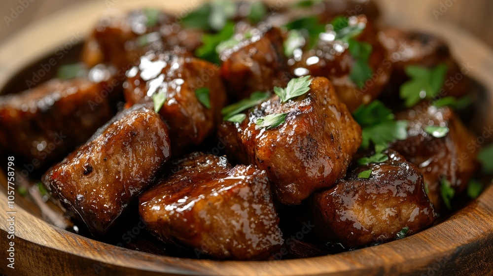 Close-Up of Glazed Beef Bites on a Wooden Bowl with Parsley Garnish Close-Up of Glazed Beef Bites on a Wooden Bowl with Parsley Garnish