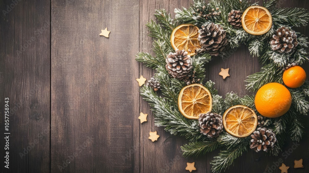 Festive Winter Wreath with Oranges and Pinecones on Dark Wood Background Festive Winter Wreath with Oranges and Pinecones on Dark Wood Background