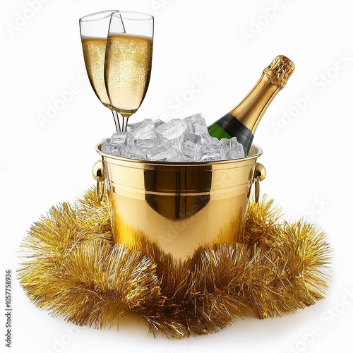 2025 happy new year greetings a golden bucket with champagne and ice golden new year s tinsel on a white background isolate photo