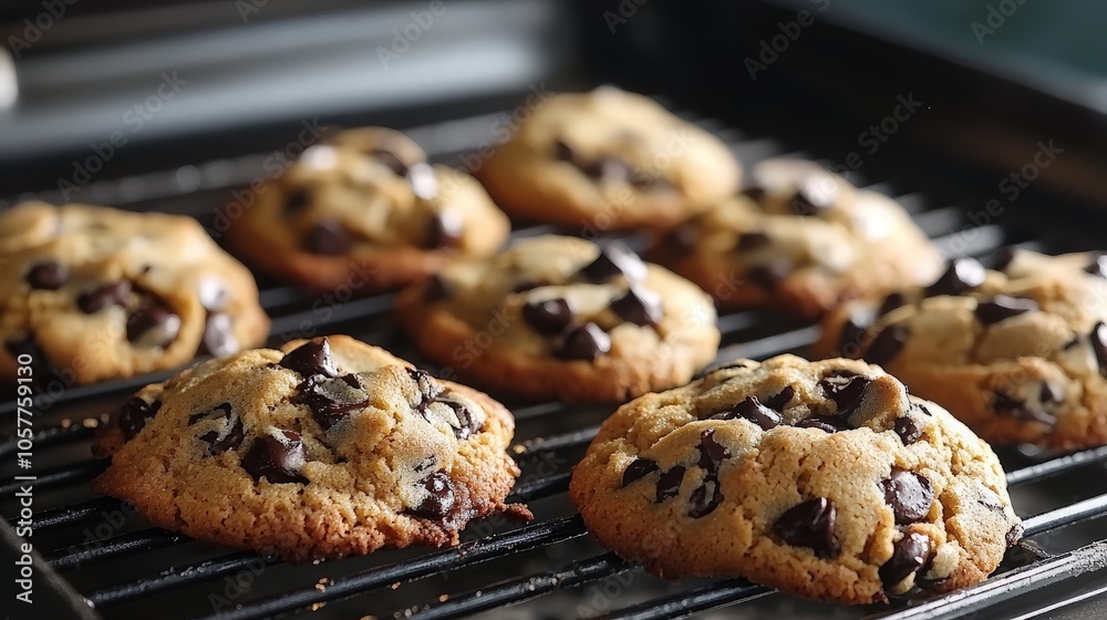 Freshly baked chocolate chip cookies cooling on a wire rack. (2)