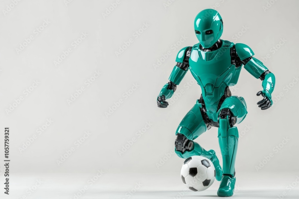 Dynamic robot dribbles soccer ball; advanced design, agility Use vivid colors Dynamic robot dribbles soccer ball; advanced design, agility Use vivid colors