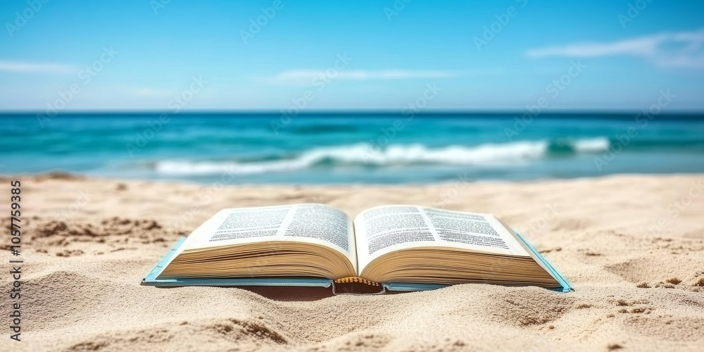 Open Book on Sandy Beach with Blurred Ocean Background