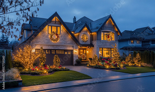 A beautiful home decorated for Christmas with lights