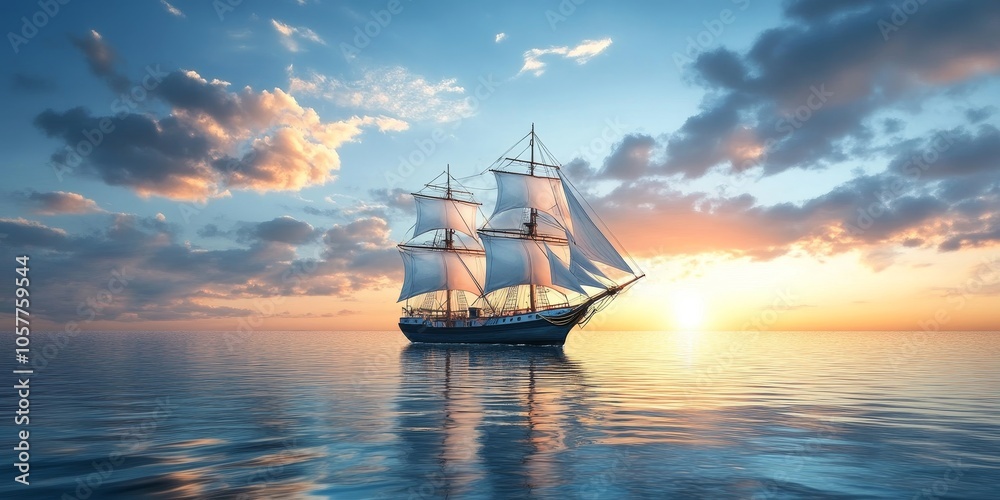 Fototapeta premium Sailing into the Sunset A Solitary Ship Navigates Calm Waters Under a Golden Sky