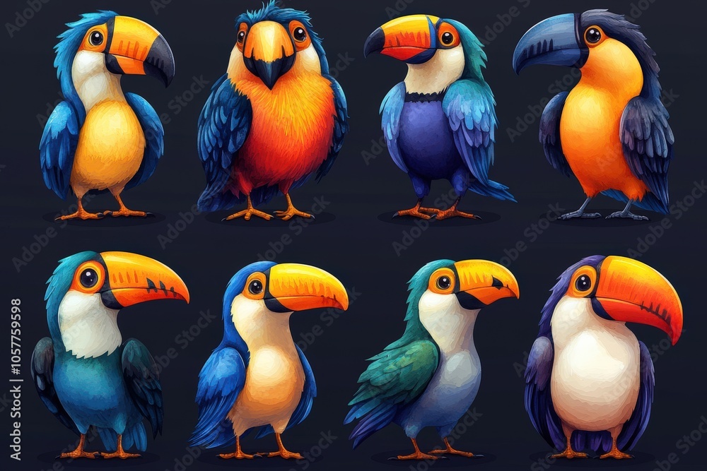 Naklejka premium A colorful illustration of various cartoon-style toucans in different poses and colors.