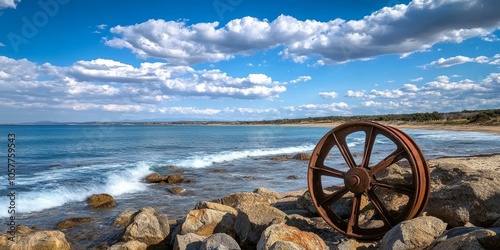 Rusty Wheel on Rocky Coast with Blue Sky and White Clouds