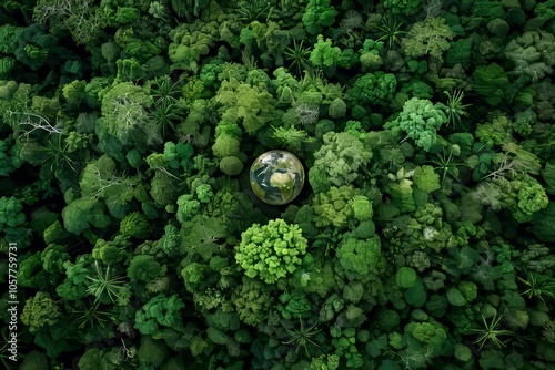 aerial top view of a green forest canopy featuring a globe, emphasizing the importance of a healthy