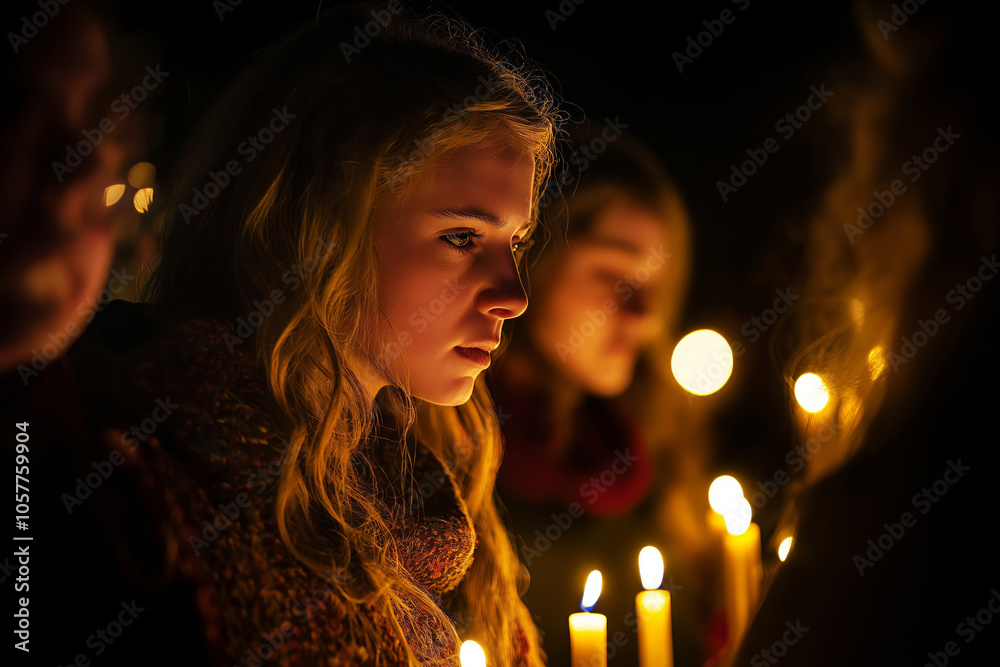 A group of diverse people gathered in a candle-lit vigil, their faces illuminated by the soft glow of the candles. A group of diverse people gathered in a candle-lit vigil, their faces illuminated by the soft glow of the candles.