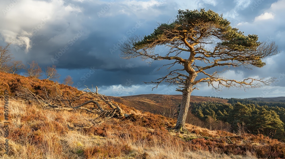 Obraz premium Lone pine tree on a hillside with dramatic sky.