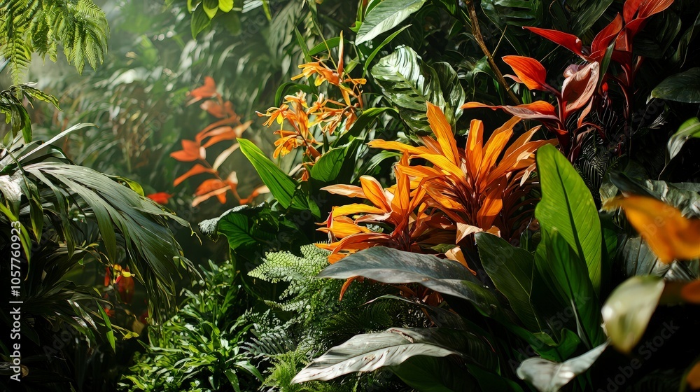 Lush green foliage with vibrant orange flowers in a tropical rainforest setting. Lush green foliage with vibrant orange flowers in a tropical rainforest setting.