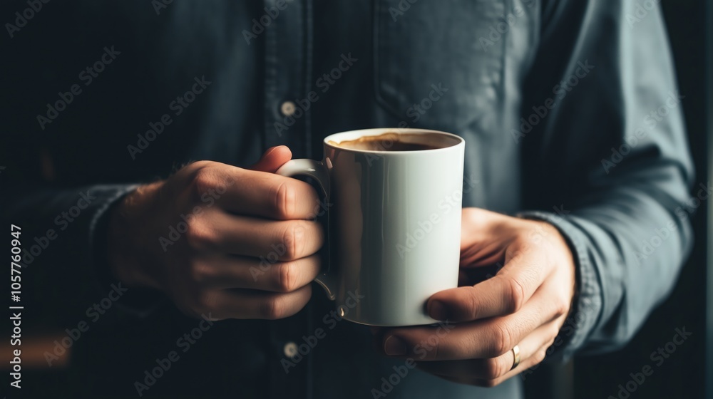 Man is holding a white coffee mug Man is holding a white coffee mug