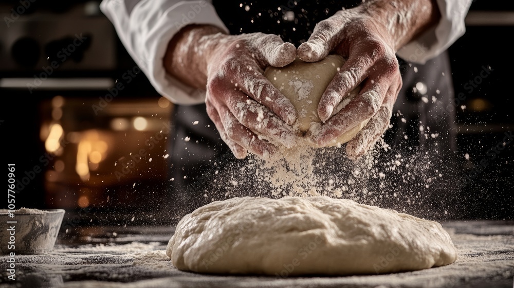 Chefs bake fresh bread in a professional oven, using hands covered with flour and rising dough, demonstrating traditional baking skills. Chefs bake fresh bread in a professional oven, using hands covered with flour and rising dough, demonstrating traditional baking skills.