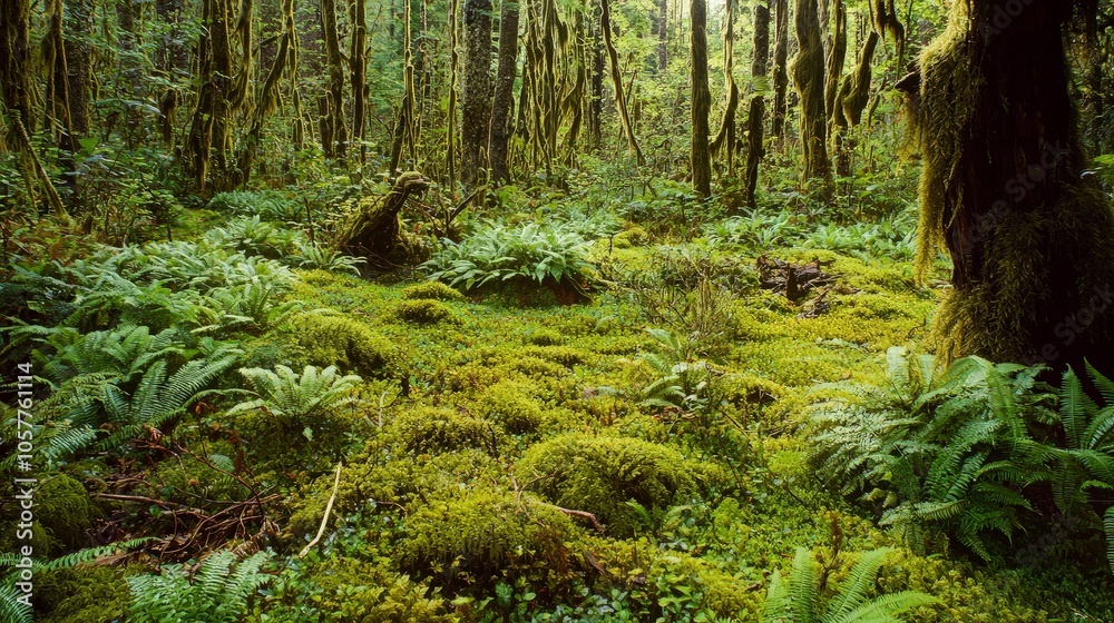 Fototapeta premium Lush green moss covers the forest floor, sunlight filters through the dense canopy of trees, creating a serene and mystical atmosphere.