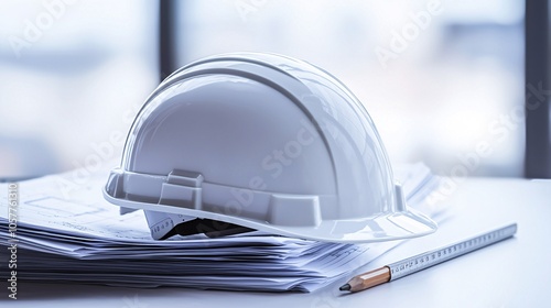 White Safety Helmet on Building Plans with Pencil and Ruler, Symbolizing Construction and Planning photo