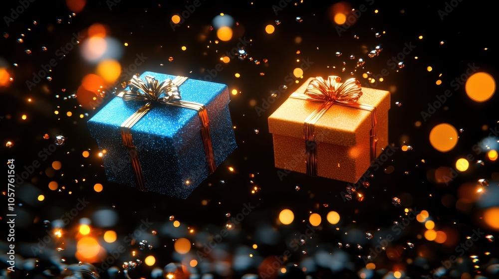 3D illustration of blue and orange gift boxes with glowing lights 3D illustration of blue and orange gift boxes with glowing lights