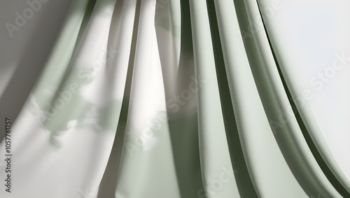 Flowing sage green and white fabric drapes create an elegant backdrop.
