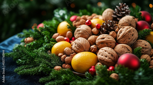 A  beautifull arranged platter of christmass fruits and nuts