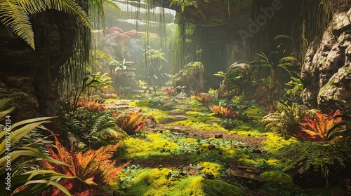 Lush, green jungle path with mossy ground leading into a cave, sunlight streaming in from above.