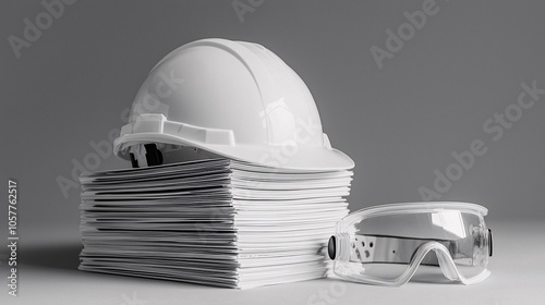 White Safety Helmet Resting on a Stack of Safety Manuals in a Professional Setting photo