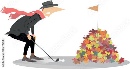 Golfer man and problem to make a shot on the golf course.
Autumn. And of golf season. Big pile of leaves above the golf hole disturbs golfer man to do a good shot
