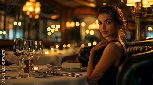 Sophisticated woman in elegant evening attire dining at an upscale French restaurant, showcasing a luxurious lifestyle in photography.