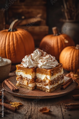 Delicious pumpkin pie dessert with whipped cream and cinnamon garnish