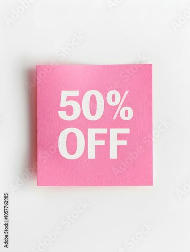 White '50% OFF' Text on a Light Pink Square Paper Note. White Background 