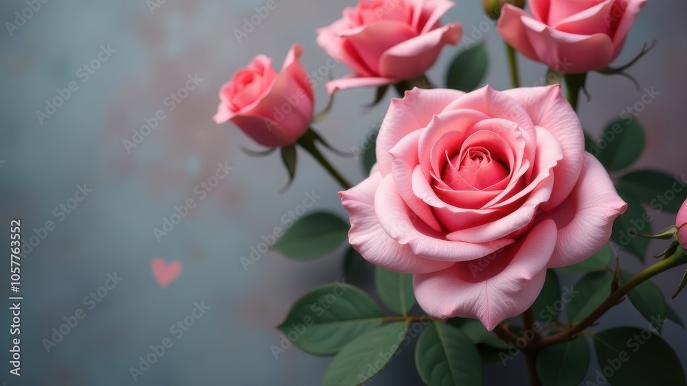 Fototapeta premium Delicate pink roses with soft green leaves create a romantic atmosphere in a serene indoor setting during daylight