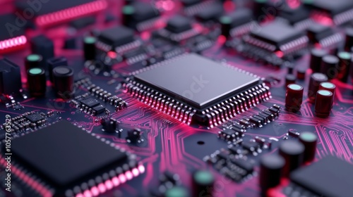 Motherboard featuring AI processor, generative capabilities; vibrant tech palette 