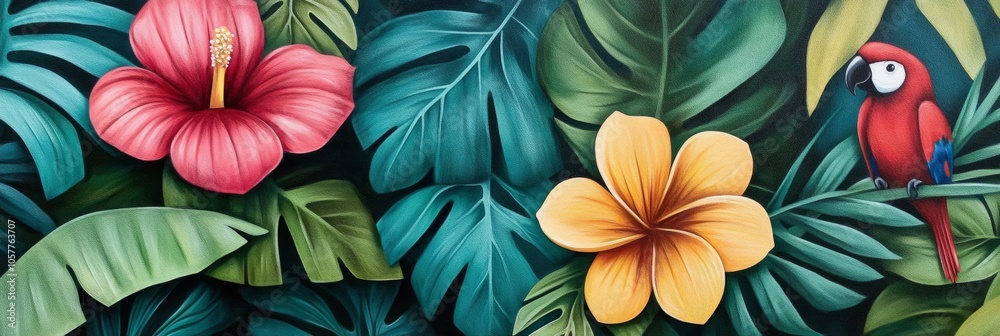 custom made wallpaper toronto digitalMural art features tropical plants, birds; uses vibrant jungle palette 