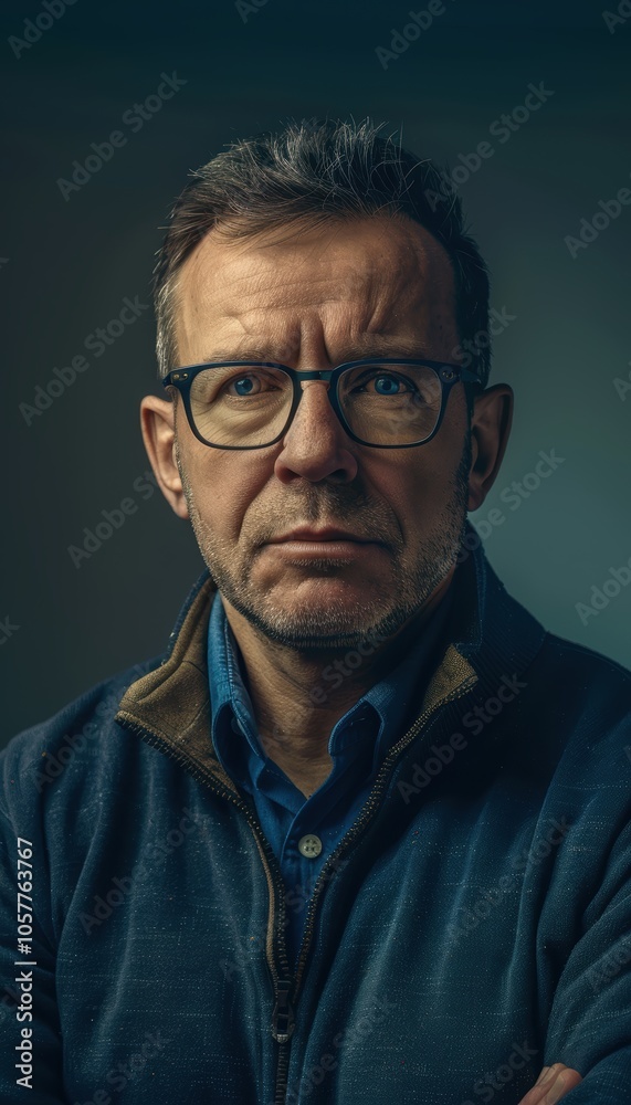 Confident Middle-Aged Scientist Portrait with Glasses on Blue Background for Professional Use Confident Middle-Aged Scientist Portrait with Glasses on Blue Background for Professional Use