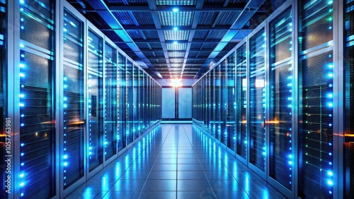 A focused shot down a modern data center corridor illuminated by blue lights. Generative AI