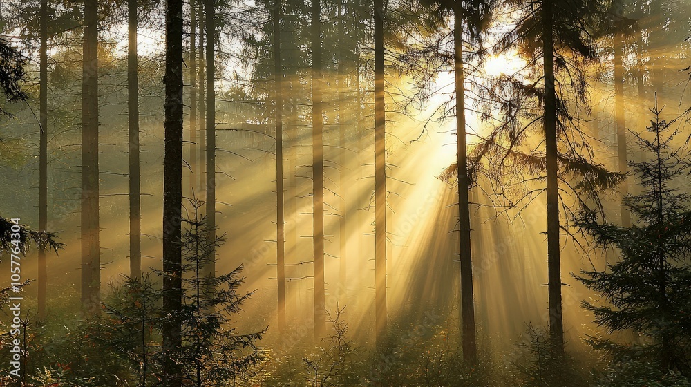 Sunbeams pierce through the fog in a dense forest, illuminating the tall trees. Sunbeams pierce through the fog in a dense forest, illuminating the tall trees.