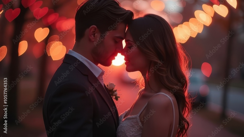 Romantic couple embracing under heart-shaped bokeh lights during sunset in an enchanting outdoor setting. Perfect for Valentine's Day or Wedding Romantic couple embracing under heart-shaped bokeh lights during sunset in an enchanting outdoor setting. Perfect for Valentine's Day or Wedding
