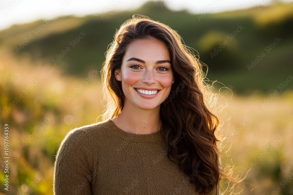 Portrait of smiling woman in sunlight amidst nature; use warm palette Portrait of smiling woman in sunlight amidst nature; use warm palette