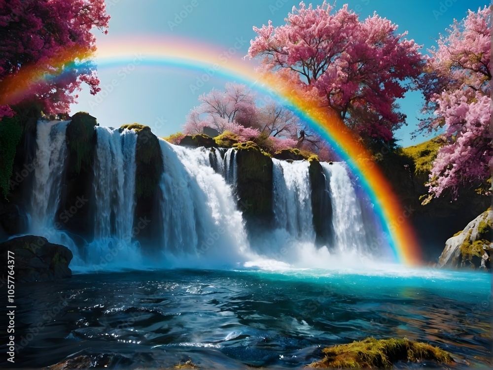 Fototapeta premium A Serene Waterfall Nestled Amongst Vibrant and Colorful Flora in Natures Beauty