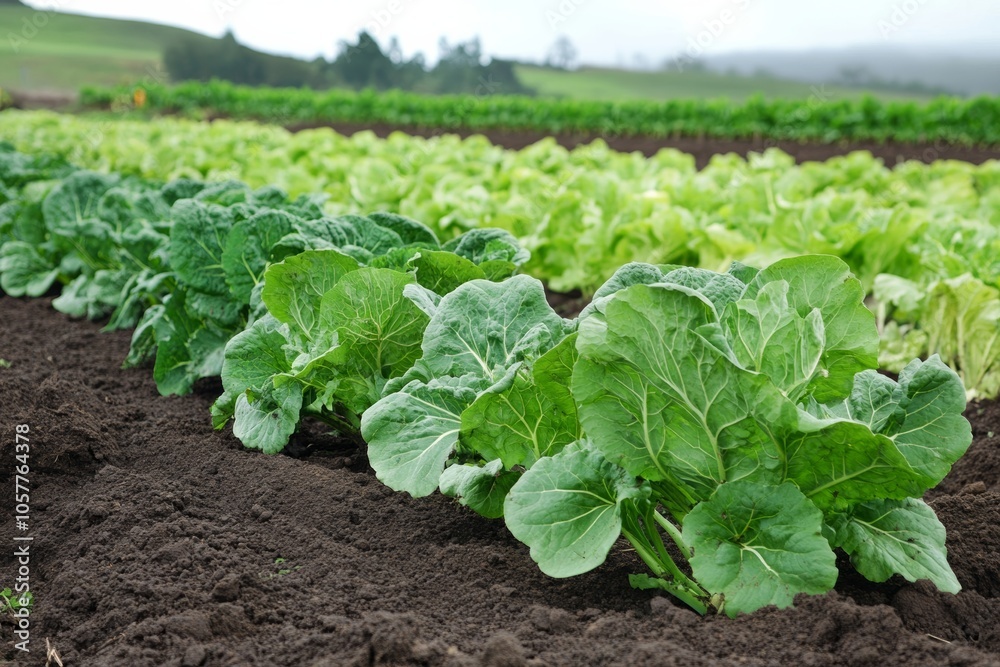 Rich soil nurturing varied crops in rural area; use earthy palette Rich soil nurturing varied crops in rural area; use earthy palette