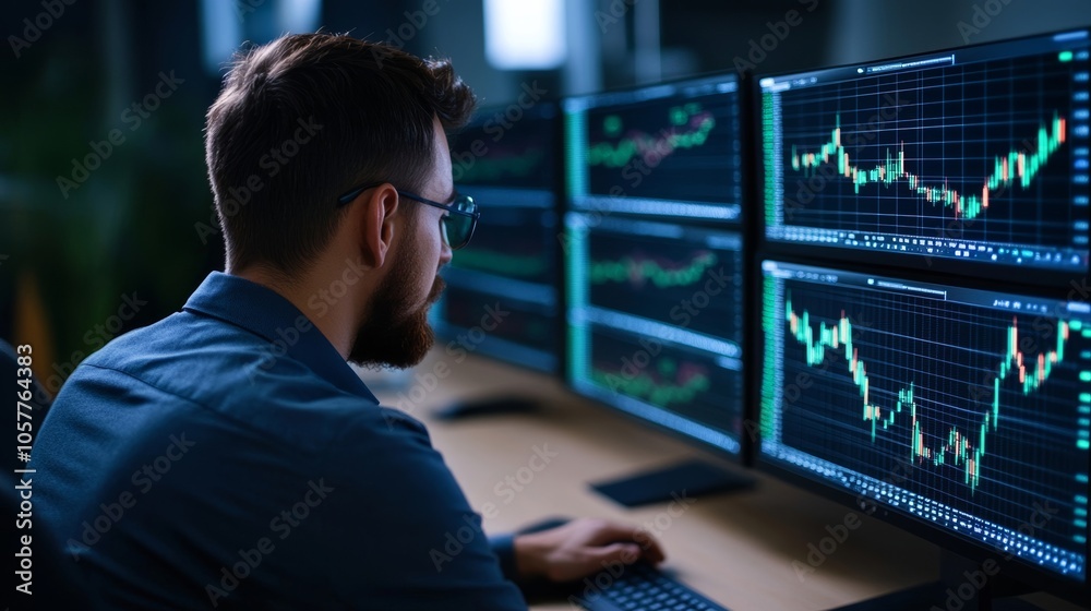 Robot managing screens with stock charts; use a cool color palette Robot managing screens with stock charts; use a cool color palette