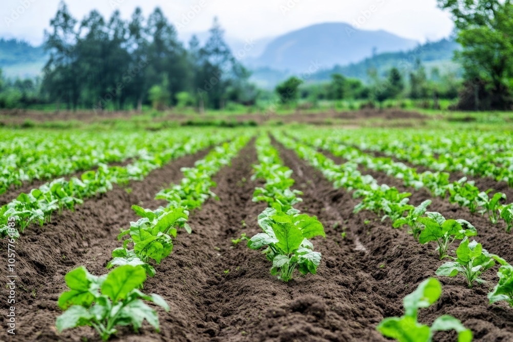 Rich soil nurturing varied crops in rural area; use earthy palette Rich soil nurturing varied crops in rural area; use earthy palette