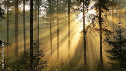 Sunbeams pierce through the fog in a dense forest, illuminating the tall trees.