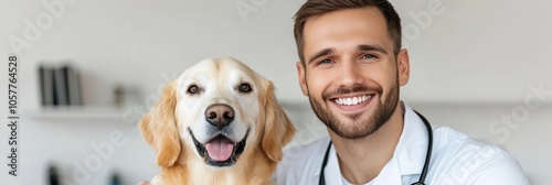 Veterinarian smiling with golden retriever in modern clinic; warm palette  photo