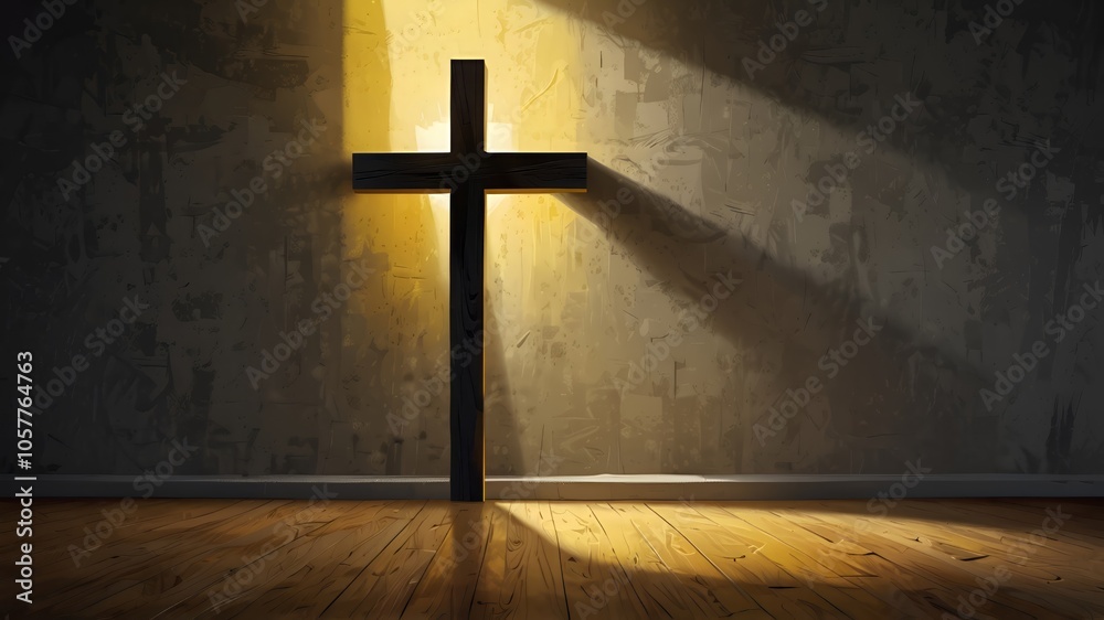 Naklejka premium Black wooden cross in praying room, Christian church interior. with light coming out from window.