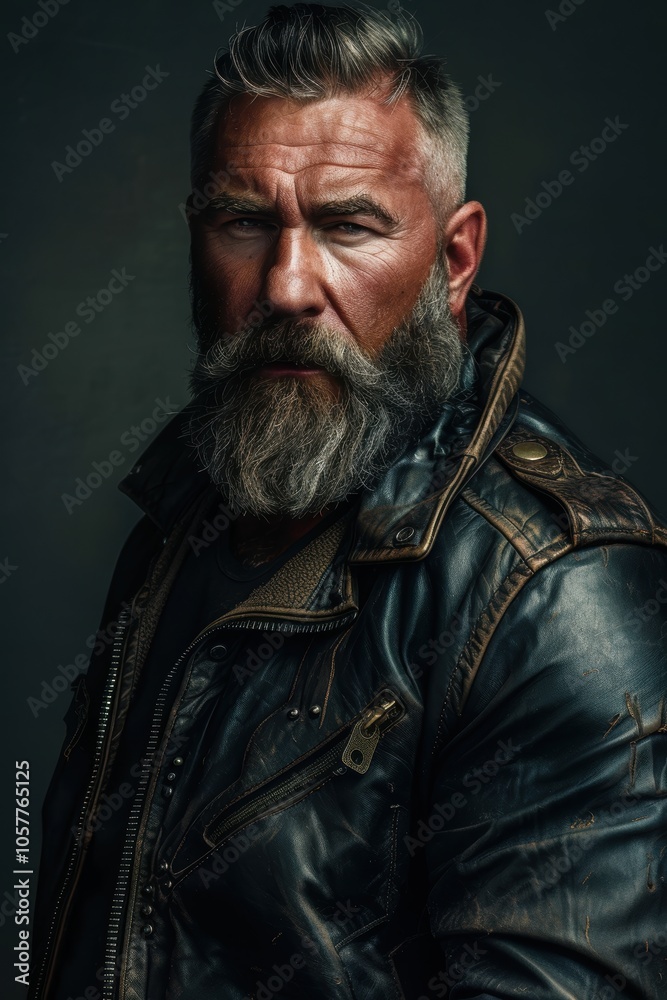 Rugged Portrait of a Bearded Middle-Aged Man in Leather Jacket Against Dark Background Rugged Portrait of a Bearded Middle-Aged Man in Leather Jacket Against Dark Background