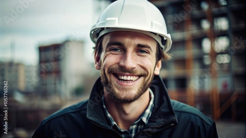 Happy construction worker smiling at a building site in the afternoon. Generative AI