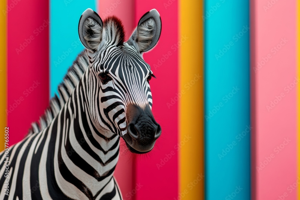 Obraz premium Zebra in disco outfit against neon, glittery backdrop; vibrant palette 