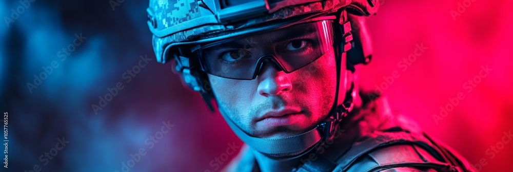 Soldier in AR helmet analyzing tactics, cool-toned palette preferred Soldier in AR helmet analyzing tactics, cool-toned palette preferred