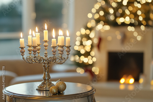 A beautiful silver and gold Hanukkah menorah with lit candles stands photo