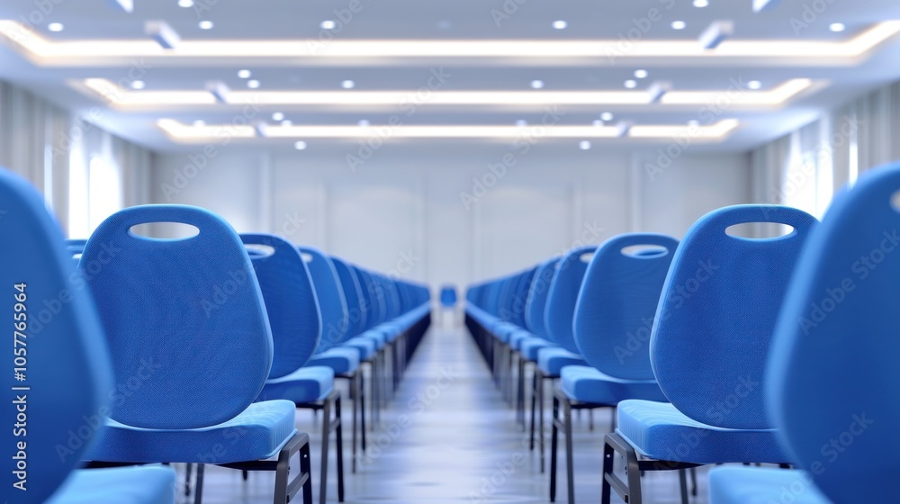 Fototapeta premium Empty modern conference hall with rows of blue chairs and bright lighting